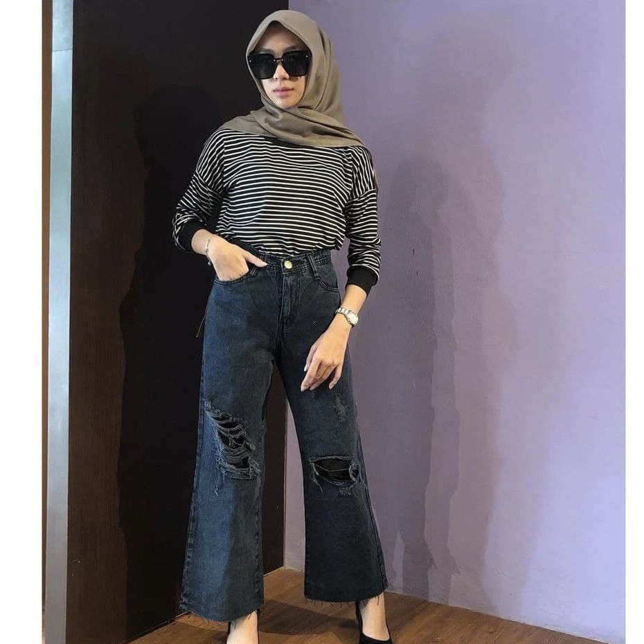 Highwaist Kulot Jeans wanita Rawis Sobek-LABELA RIPPED FURING JEANS CULLOTE-SAERAH FASHION