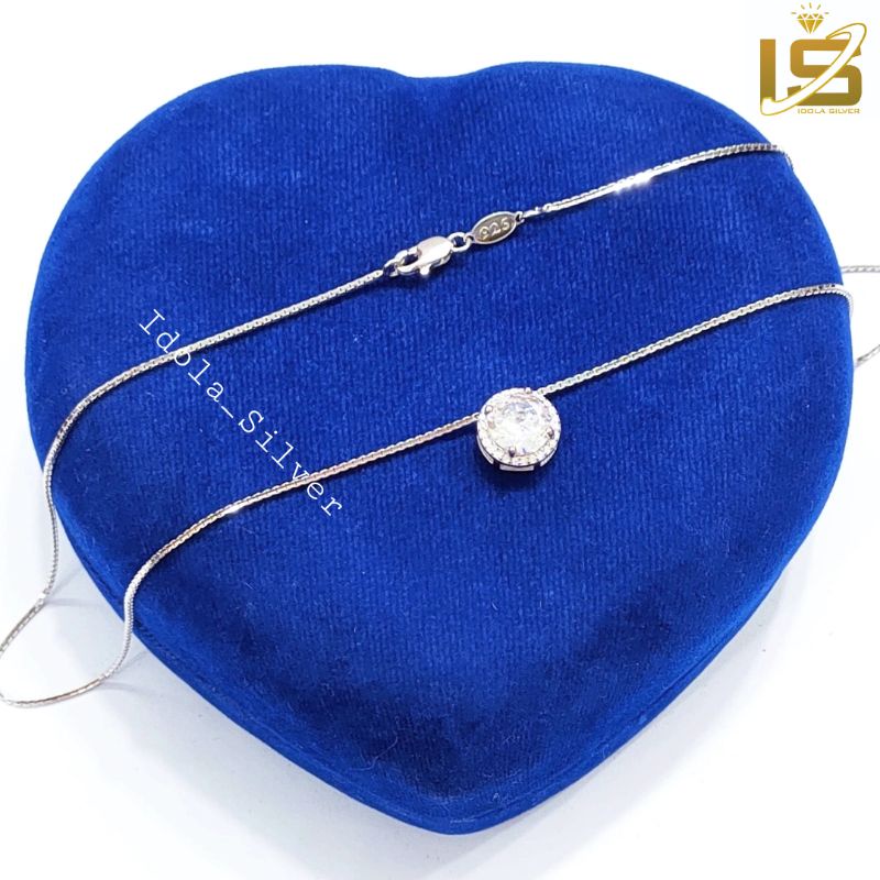 KALUNG PERAK ASLI SILVER 925 LAPIS EMAS PUTIH MODEL LIONTIN BULAT DIAMOND KELILING KECIL - PERHIASAN PERAK