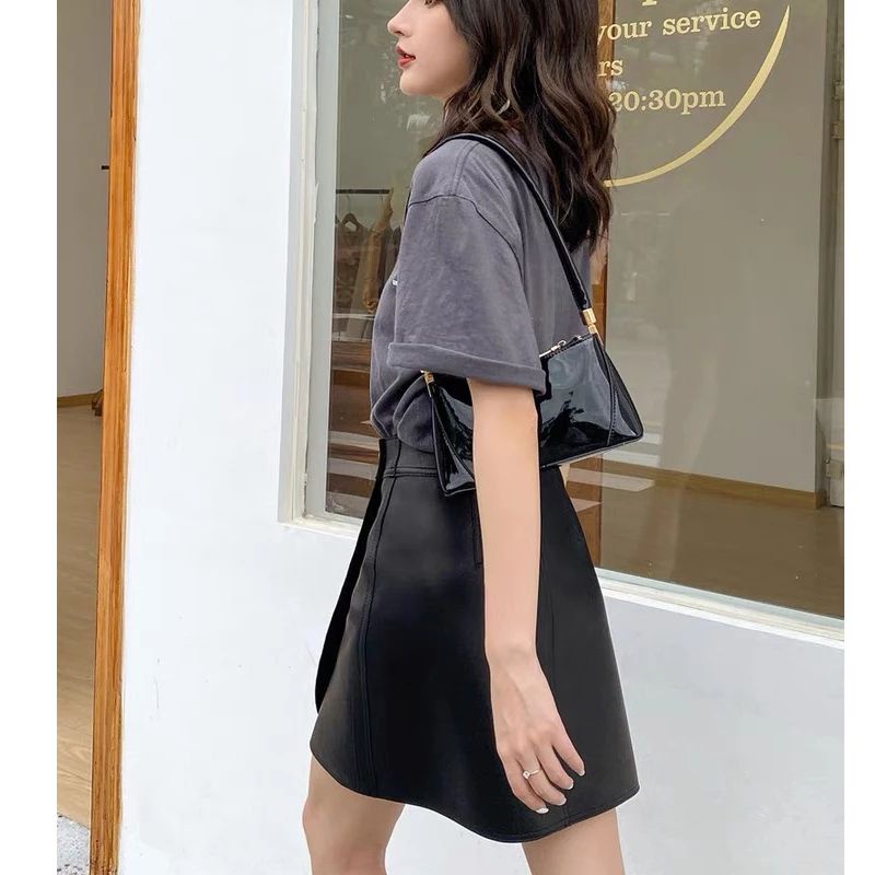 Rok Kulit Sintetis Premium Leather Mini Skirt Wanita High Waist Casual Elegan Model Wrap Body Aksen Kancing Pinggang