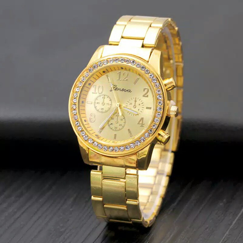 GENEVA 264 Diamond Jam Tangan Wanita Analog Fashion Casual Women Strap Stainless Steel Quartz Watch