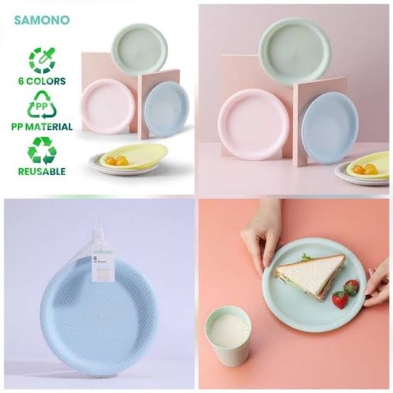 (SAMONO W02) Piring Set Isi 6 Colorful Reusable Plate PP Material Tableware