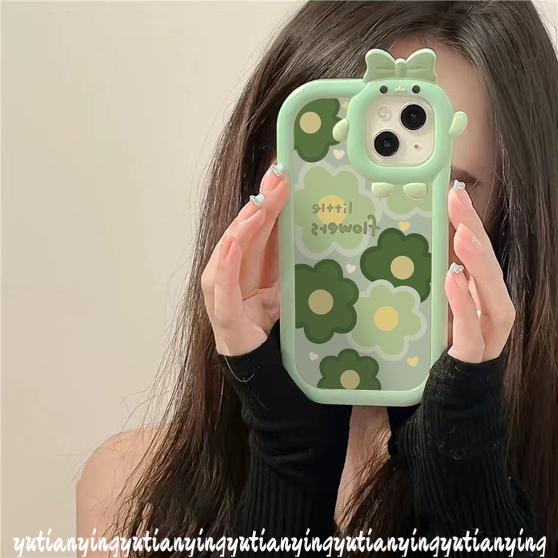 Ins Case Bunga Hijau Oppo A17 A7 A5s A54 A57 2022 A76 A96 A3s A5 A9 A55 A16s A15 A12 A17K Reno 4F 5F 5 7 A53 A74 A95 A16K A52 A15s A16 A31 3D Bow-knot Monster Kecil Lensa Sarung Cover Sarung