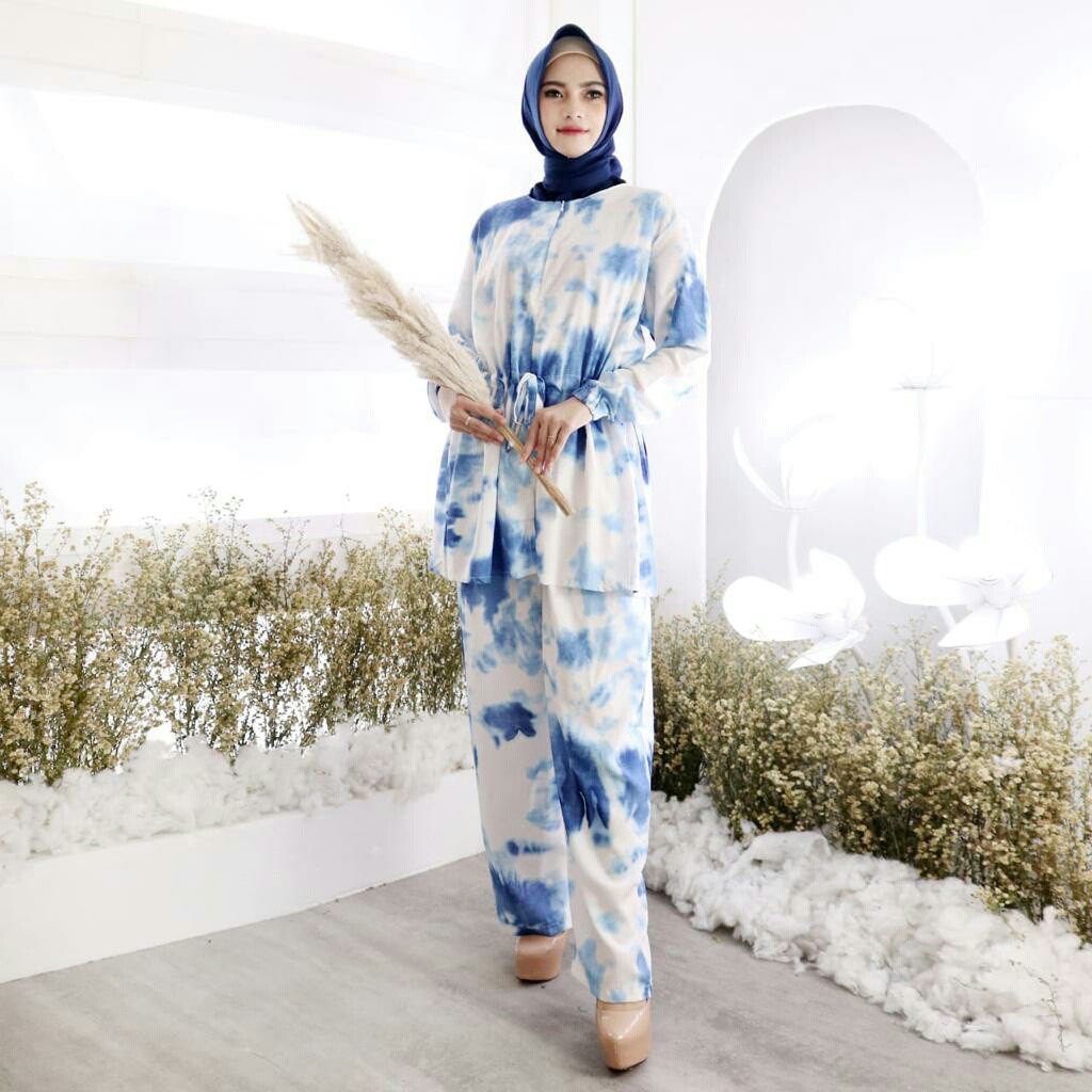 Baju Setelan liken busana wanita muslim lengan panjang dan celana  panjang bahan rayon real pic