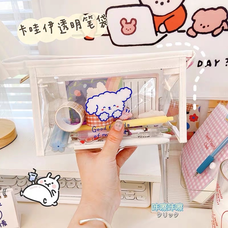 TEMPAT PENSIL TRANSPARANT KOREA ZIPPER MOTIF AESTHETIC KREATIF LUCU / FILE BAG POUCH PVC TRANSPARAN SERBA GUNA / KOTAK PENSIL MURAH / DOMPET TAS POUCH KOSMETIK