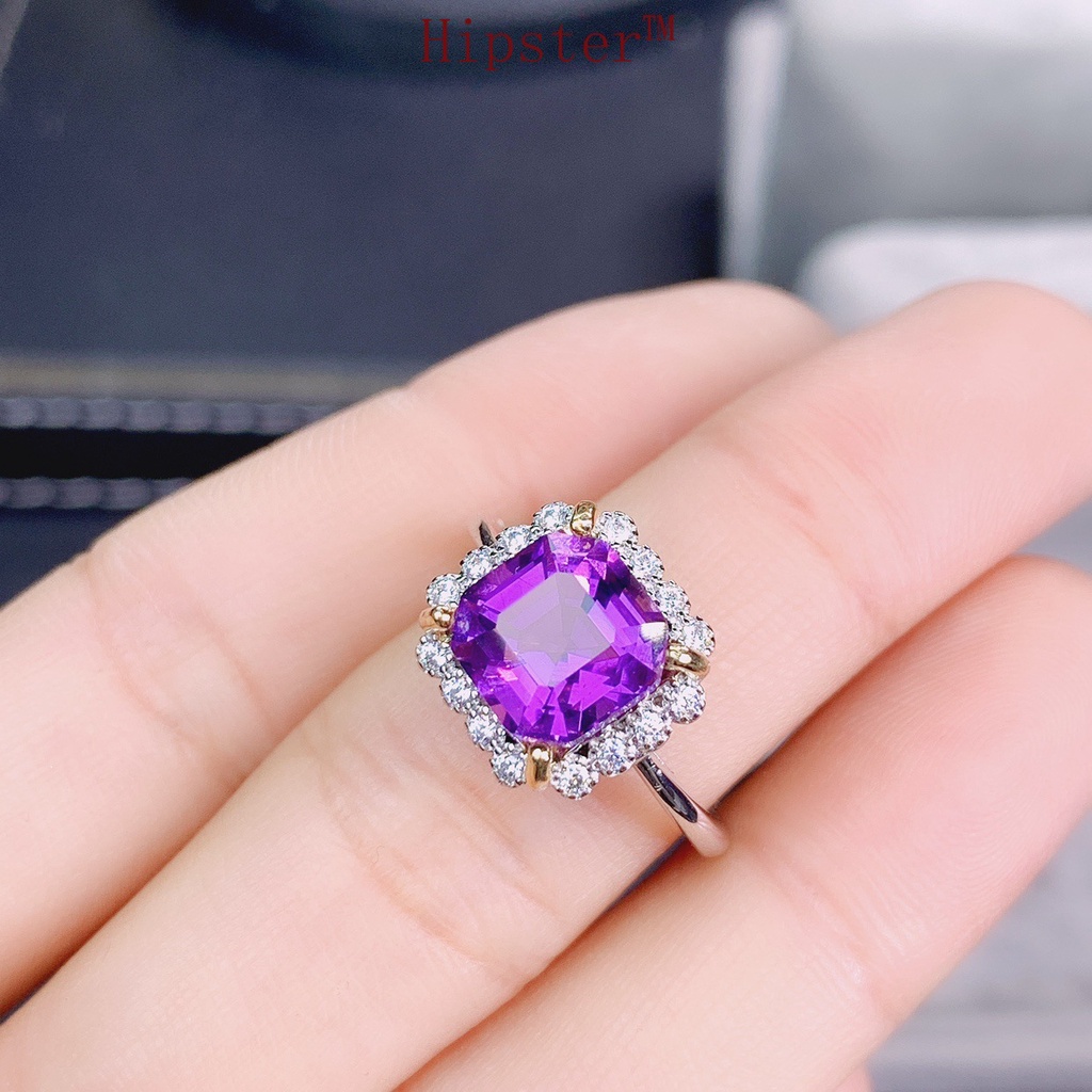 Simple Fashion Square Diamond Natural Amethyst Colored Gems Open Ring