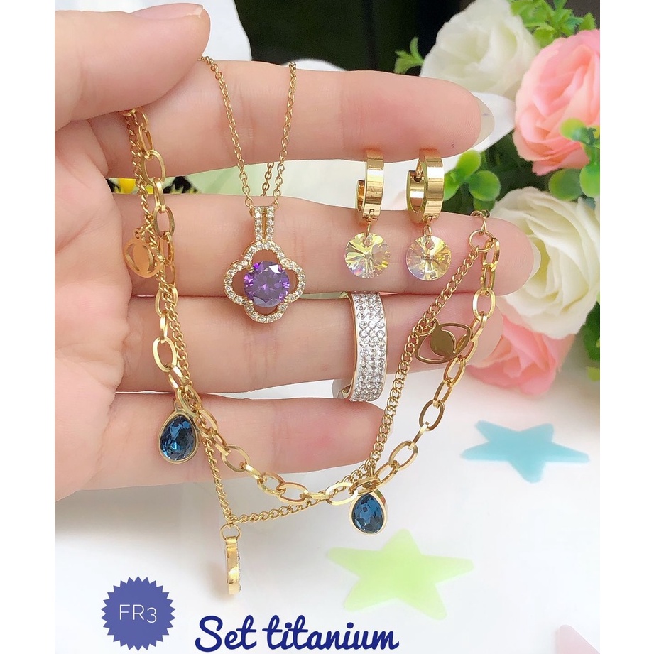 (MEI) TERMURAH Set Perhiasan TITANIUM Anti Karat Gelang Double Rantai Bandul Mainan Batu Permata Bir