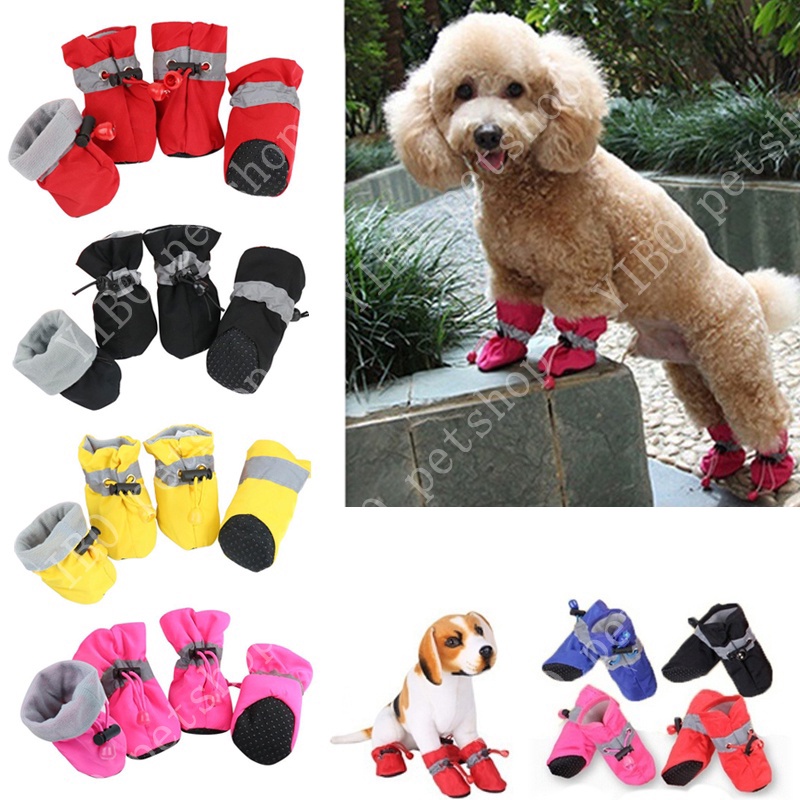 4pcs / set Sepatu Boots Salju Hujan Musim Dingin Anti slip Tahan Air Untuk Anjing Kucing Peliharaan