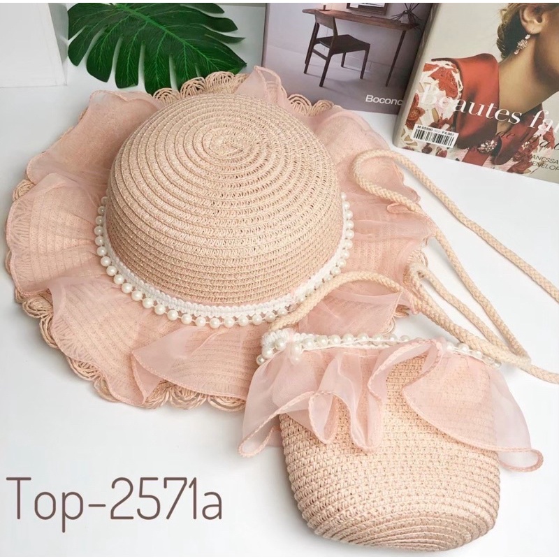 topi pantai set tas selempang jerami rajut berenda mutiara pearl topi picnic hat