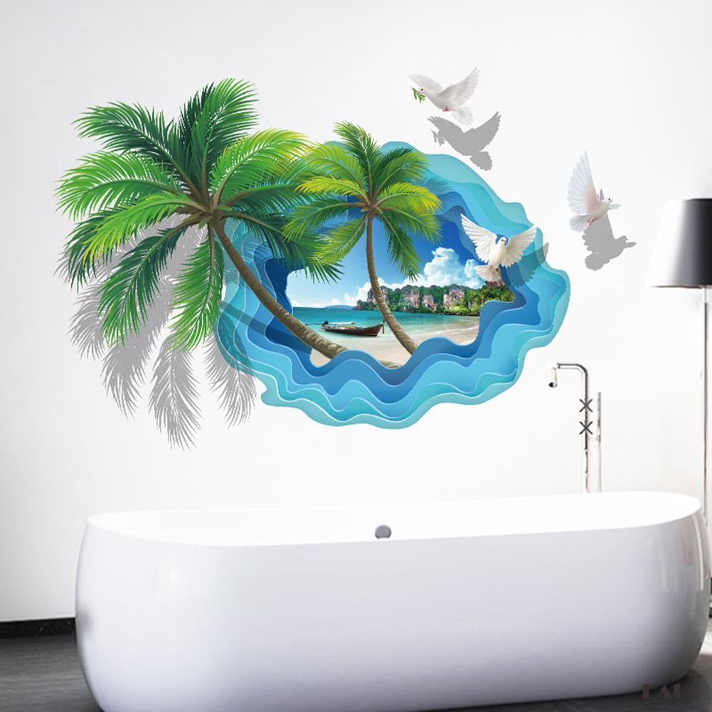 Eau6 Tropical Wall Sticker 3d Beach Seascape With Palm Tree Wall Art Mural For Living Room Home Decoration Shopee Indonesia