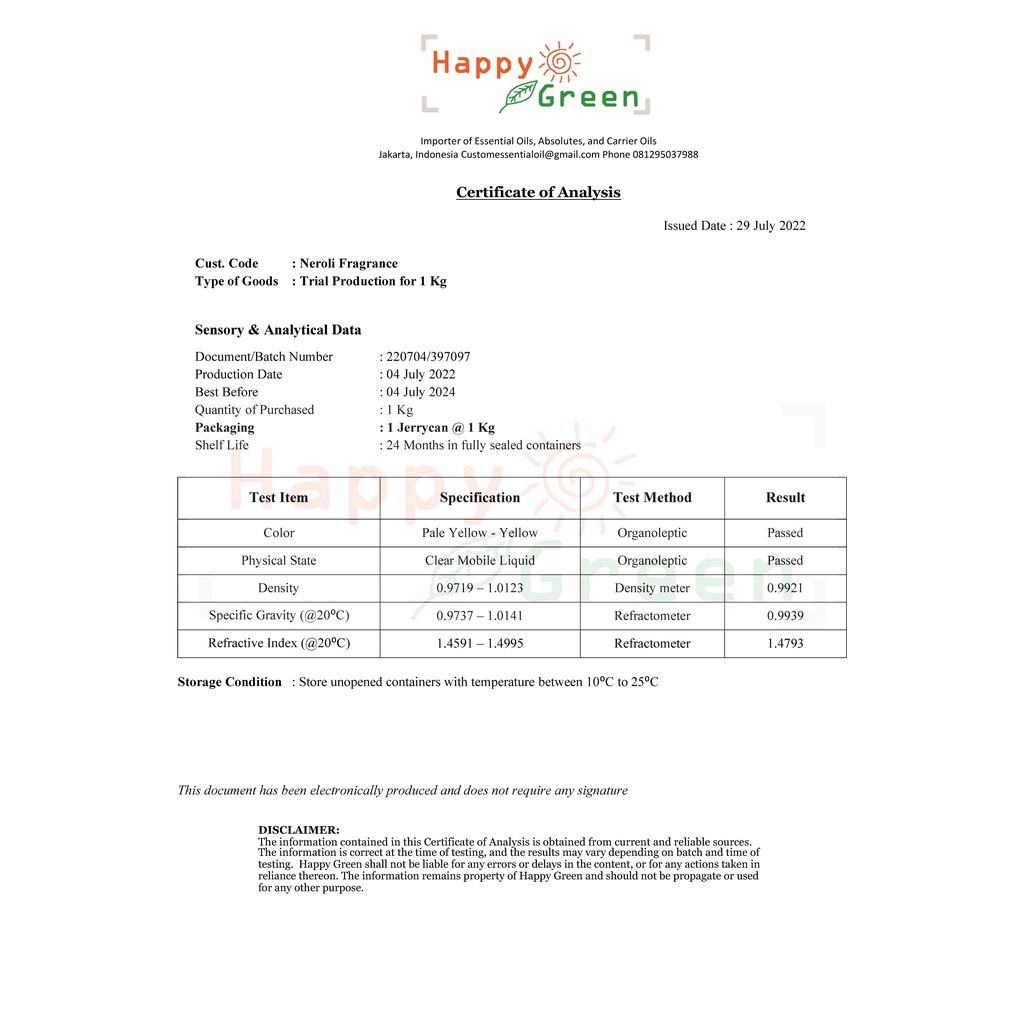 Happy Green Fresh Neroli Fragrance Oil - Aroma Bunga Neroli Segar