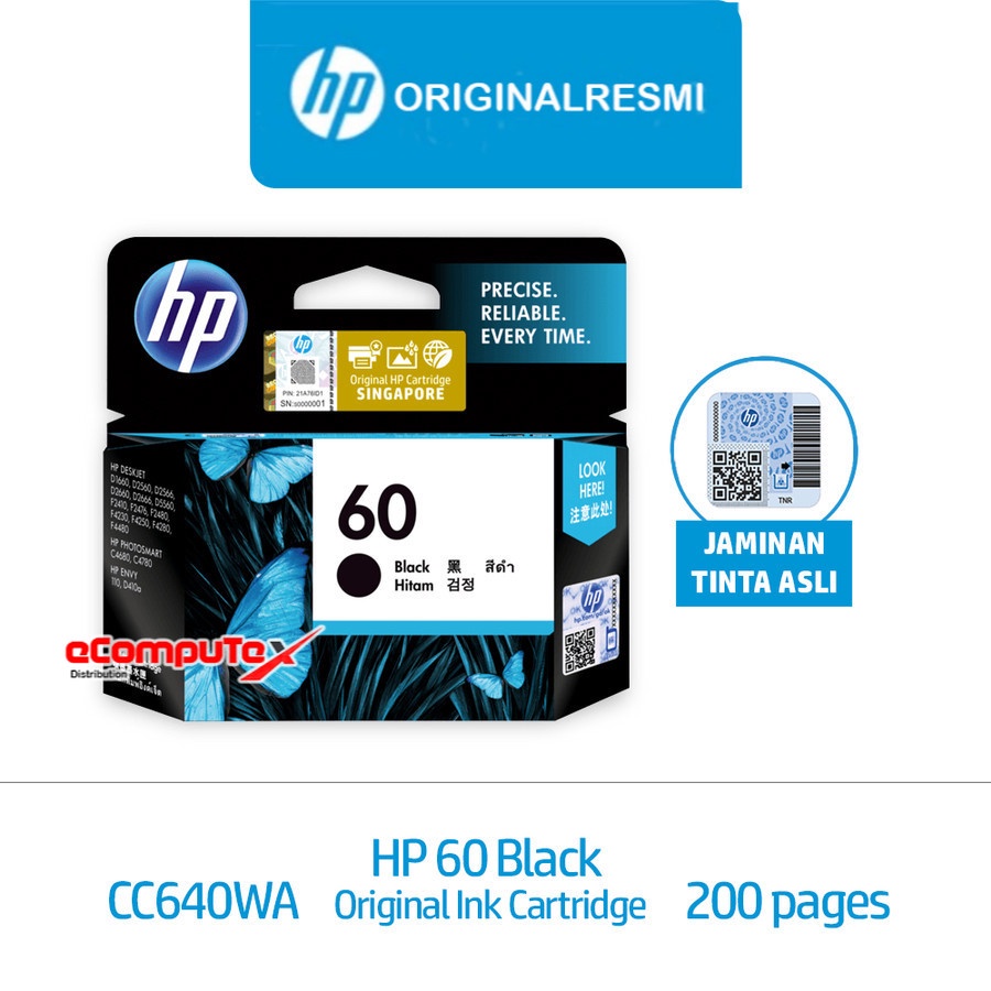 CARTRIDGE HP 60 BLACK / TINTA CATRIDGE HP60 HITAM ORIGINAL - RESMI