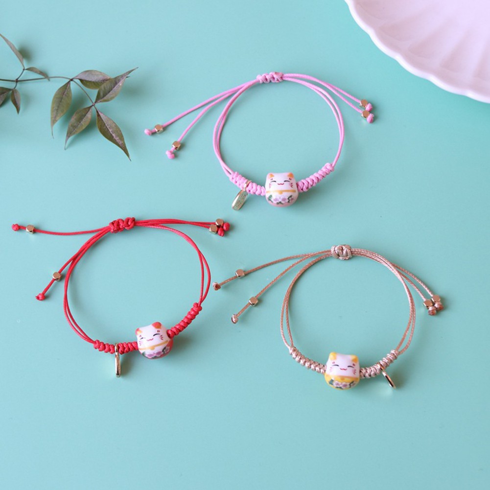  Gelang Tali  Desain Kucing Keberuntungan Bahan Keramik Warna Merah Untuk Perhiasan Wanita 