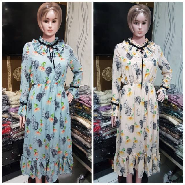 Long dress fashion murah import bkk bangkok baju terusan wanita bahan chiffon style korea