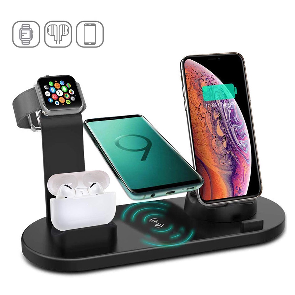 6 in 1 Wireless Charger Dock 15W Fast Charge untuk Apple Watch Airpods Charger/Samsung iPhone Wireless Charging Micro USB Type C Phone Holder