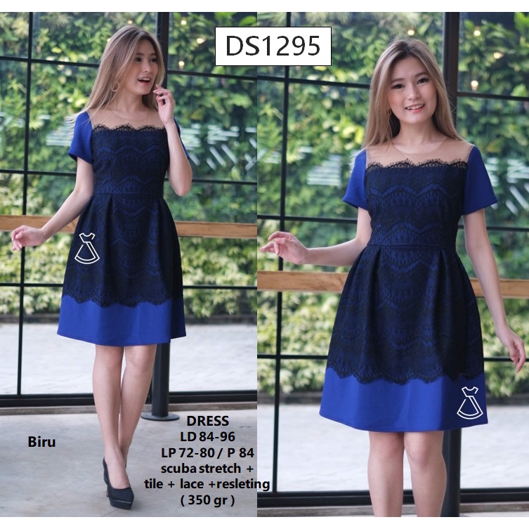 DS1295 - DRESS PESTA MIDI FLARE WANITA LACE SCUBA DRESS NATAL MODERN GROSIR MURAH