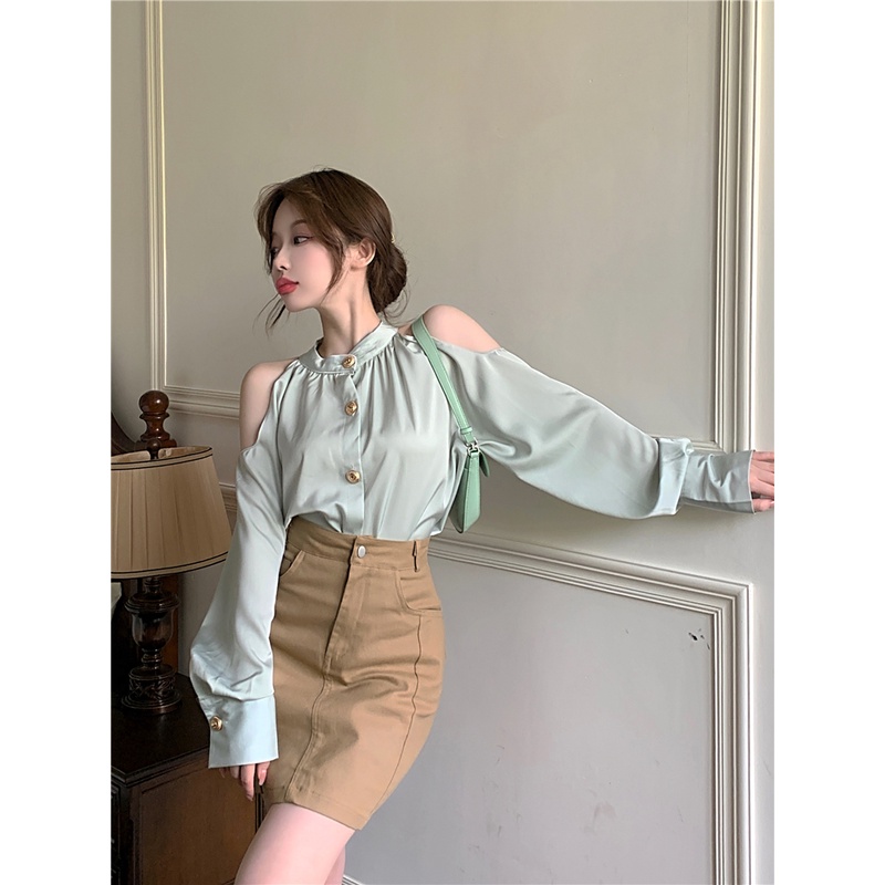 Suhao Off Shoulder Shirt Lengan Panjang Atasan Kemeja Longgar