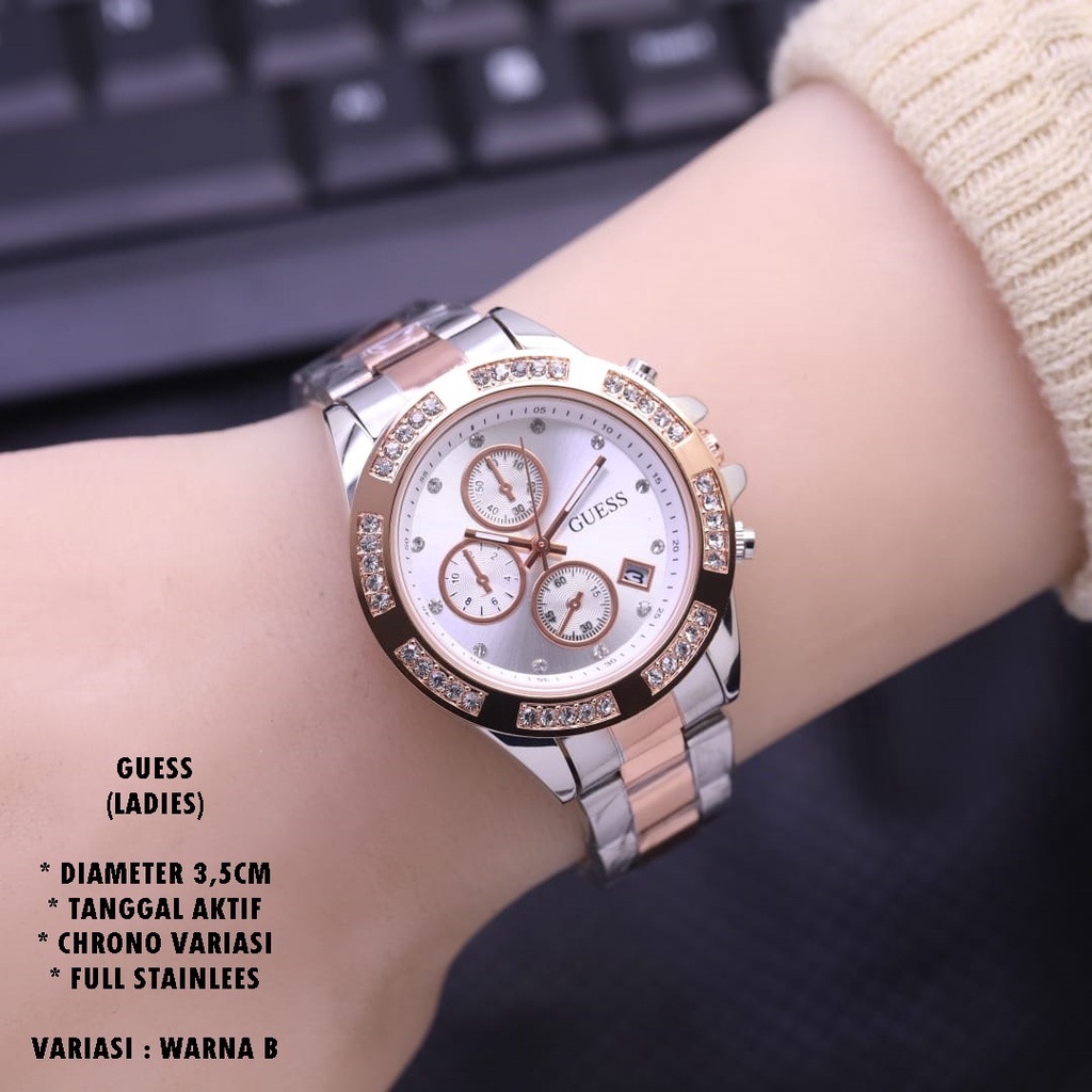 (BISA COD) JAM TANGAN WANITA GUESS RANTAI BODY BULAT TANGGAL AKTIF CHRONO OFF