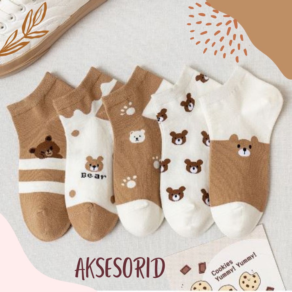 Kaos Kaki Pria Wanita Motif Beruang Coklat Kaos Kaki Pendek Bear Socks Korean Fashion