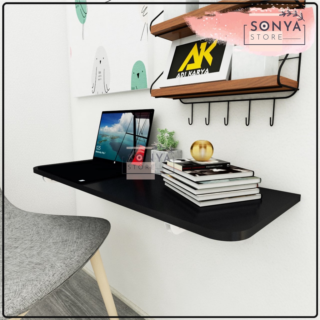 Meja Lipat Dinding 80 x 40 Meja Belajar Kerja Dinding Ambalan Tempel Braket Besi Engsel Laptop Kompu