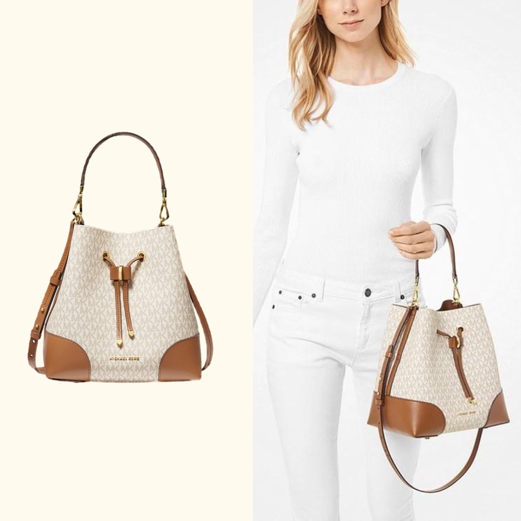 Michael Kors Mercer Bucket Bag Logo Medium/MK Shoulder Bag/MK Woman Bag - White Brown