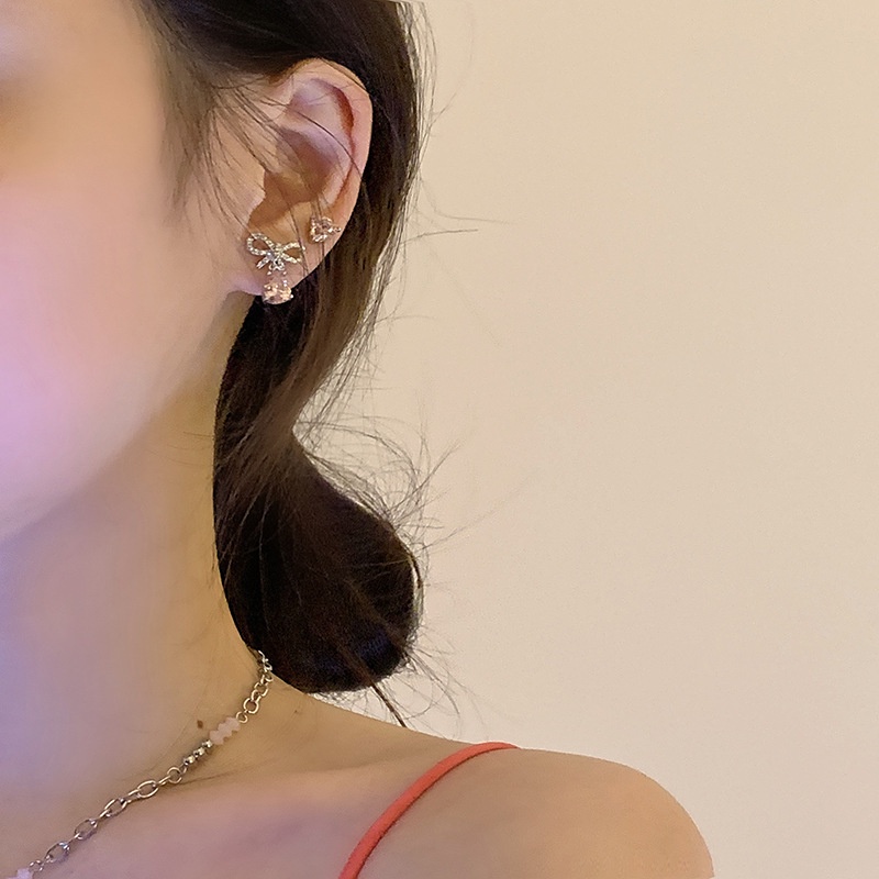 Dua Pasang Anting Tusuk love bow Permata pink Untuk Wanita Aksesoris Telinga Korea