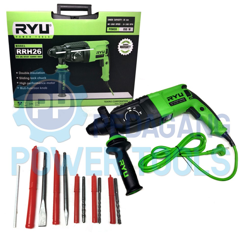 RYU RRH26 MESIN BOR BOBOK BETON TEMBOK SDS PLUS ROTARY HAMMER 3 IN 1