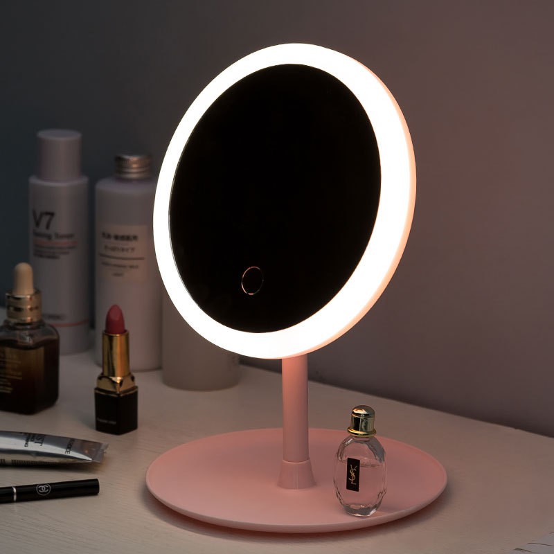 Cermin LED Foldable Kaca Rias Make Up Double Sided Mirror Cermin Make up Meja dengan Lampu LED Touchscreen Rotasi 90 Derajat