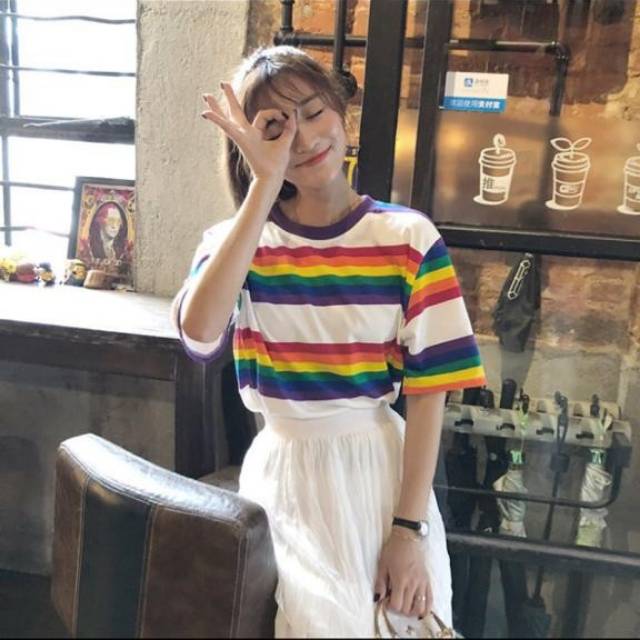 Rainbow stripes lengan pendek kaos  wanita korea  real pict 