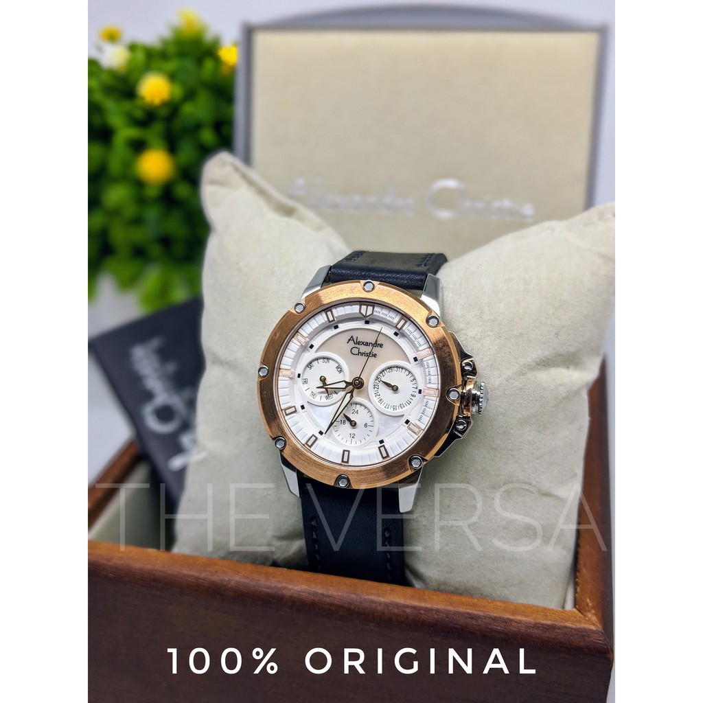 Alexandre Christie AC 6416 Jam Tangan Wanita Rose Gold Silver Kulit Hitam