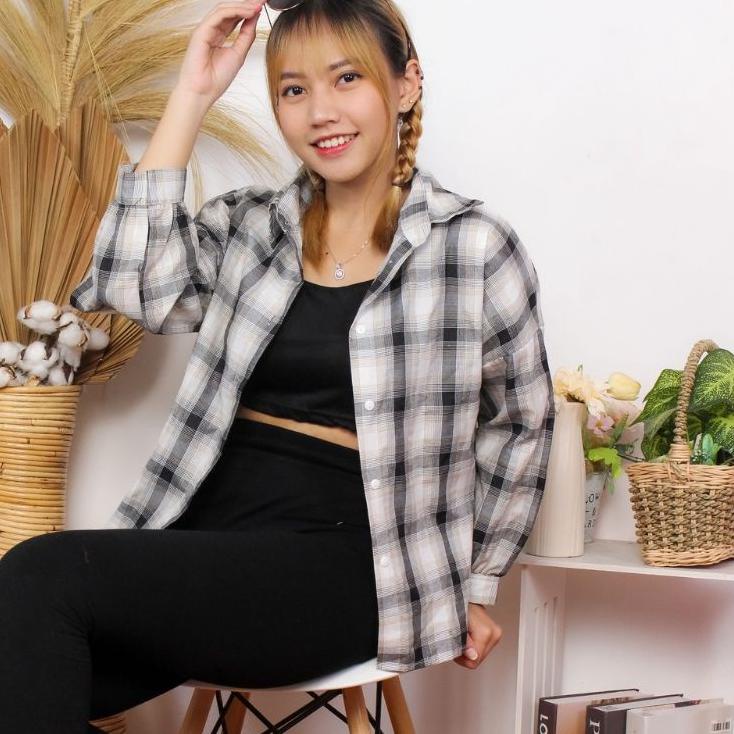 Ready Stock KEMEJA GUELIN KEMEJA FLANEL FLANELY KOTAK KOTAK LENGAN PANJANG BALON AUTER OVERSIZE BLOU
