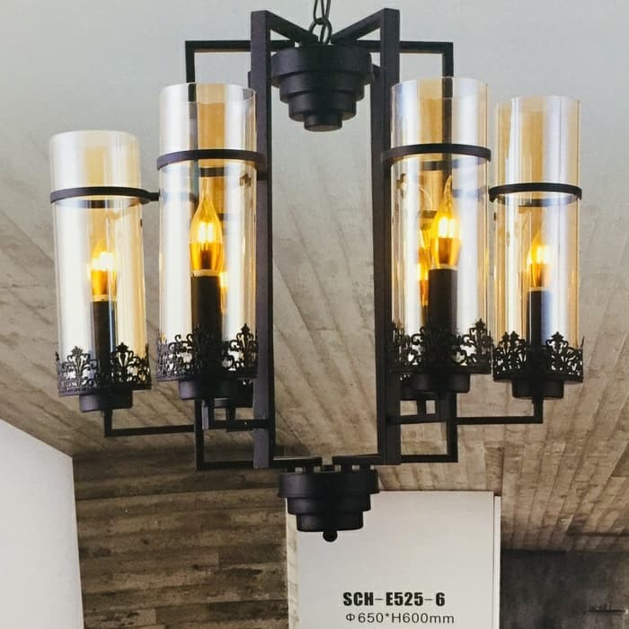 LAMPU GANTUNG HIAS VINTAGE MINIMALIS 6 LAMPU KACA BENING