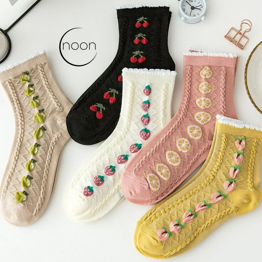 NOON (Provence Alley) Kaos Kaki Wanita Dewasa Korea Vintage Retro Gothic Old school Kerja Sekolah Kantor Dewasa Motif Buah Lucu Imut Katun Import Impor Pendek Atas Mata Kaus Kaki Hitam Cream