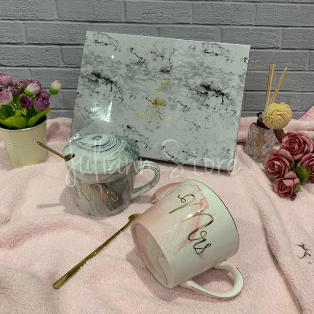  Gelas  Cangkir Mug Keramik  Marble Marmer MR MRS Couple Set  