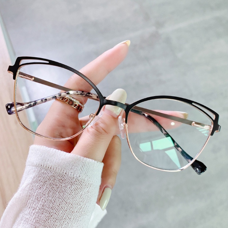 (YUZHU) COD Kacamata Fashion Eropa dan Amerika Cat Eye Anti Cahaya Biru Two Tone Metal Spring Leg Glasses untuk Wanita