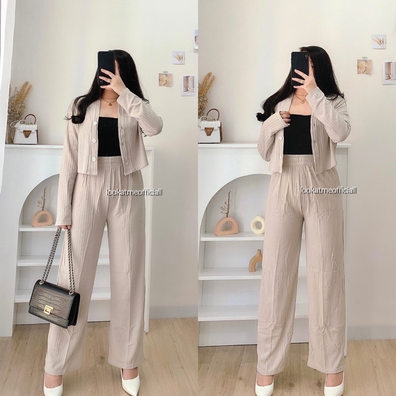 Lookatmeofficial • Set Casey Premium Knit (Cardi+Pants) / Setelan Wanita Crop dan Celana Kulot