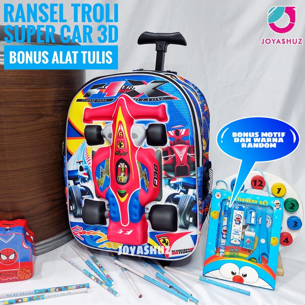 Tas Troli 3D Anak SD Berbonus - Ransel Troli 3D Anak SD Super Car - Tas Troli Sekolah Anak SD Karakter Super Car - Tas Troli Anak Laki-Laki SD Gratis Botol Dan Misting - Tas Troli Sekolah Anak Karakter Lucu - Joyashuz