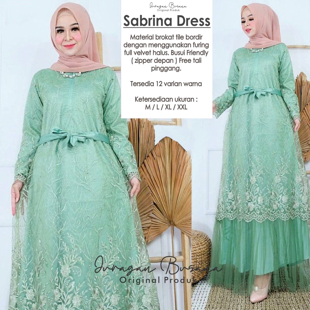 Gamis Pesta Brukat Mint Renda Big Size Jumbo Fashion Muslim Dress Dengan Tali Pinggang Busui Friendl