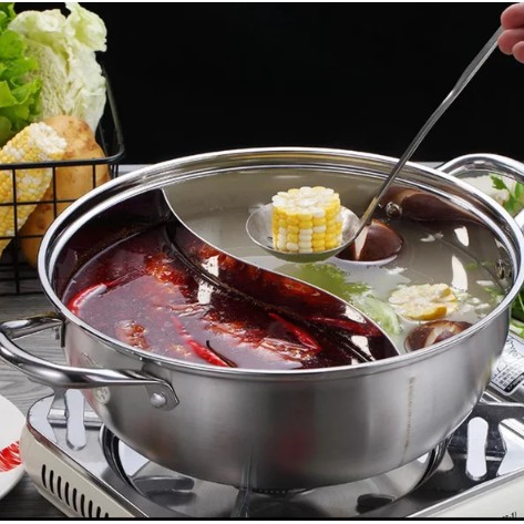 Panci masak rebus shabu 2 sekat premium diameter 28cm tutup kaca hot pot steambot stainless steel