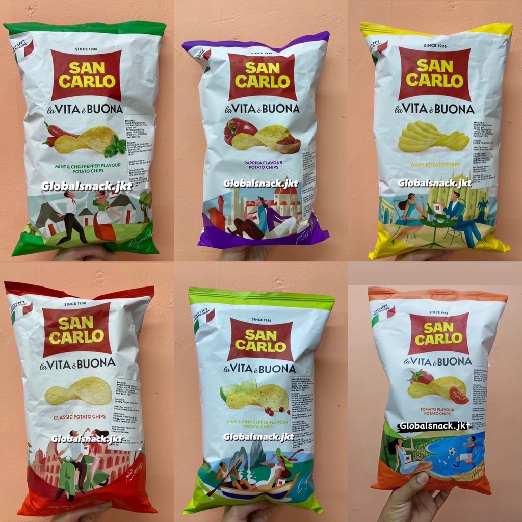 

SAN CARLO LA VITA E BUONA LIME & PINK PEPPER / CLASSIC POTATO CHIPS / MINT & CHILI / WAVY POTATO / PAPRIKA / TOMATO