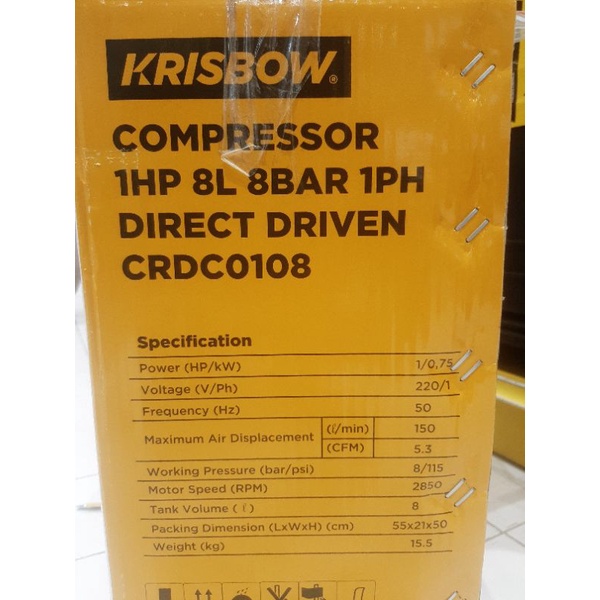 KRISBOW Kompresor Angin 1hp 8l 8bar 1ph crdc1018