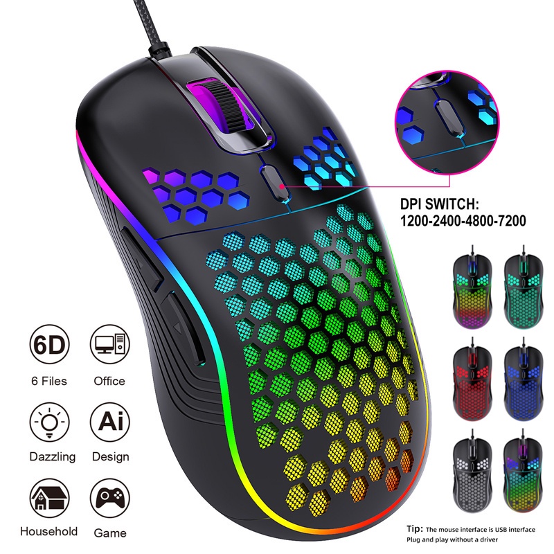 Light Mouse Gaming Kabel Usb 7200DPI 6 Tombol Dengan Lampu RGB Motif Sarang Lebah