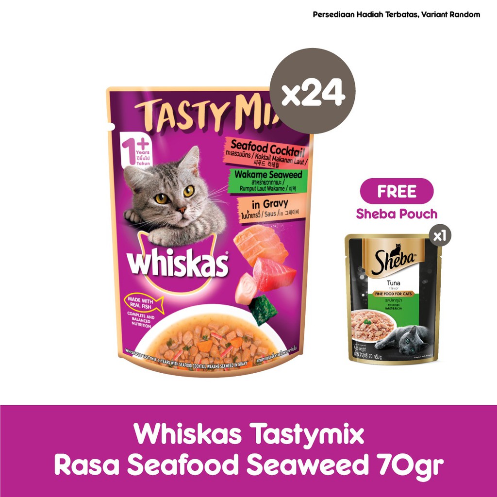 WHISKAS® Tasty Mix Makanan Kucing Basah Pouch 70gr - Isi 24-Seafood Seaweed