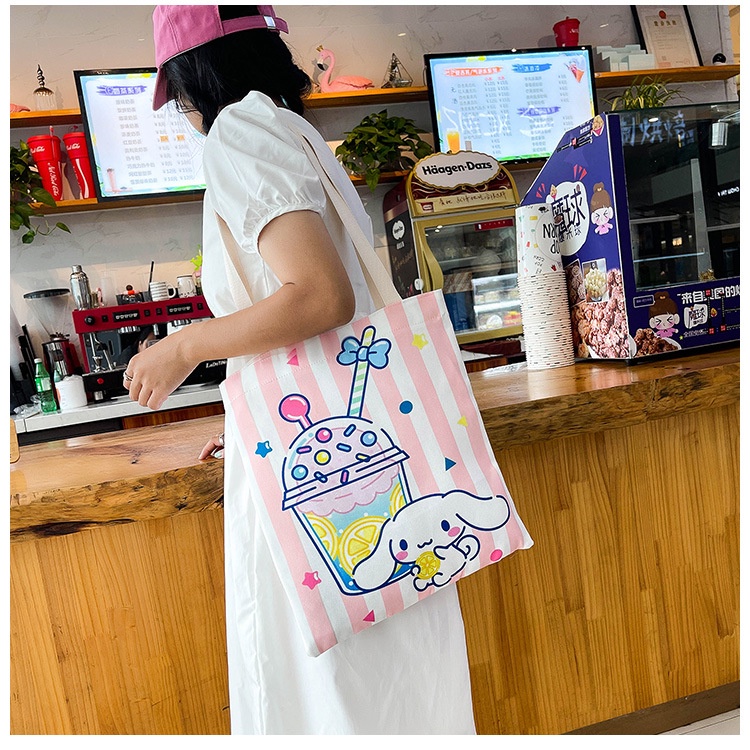 Drozenb Tas Tote Wanita Bahan Canvas Model Korea Motif Kartun/Totebag Canvas Korea/Tas Totebag Fashion Resleting/Tas Totebag Kekinian/Totebag Casual Bahan Canvas