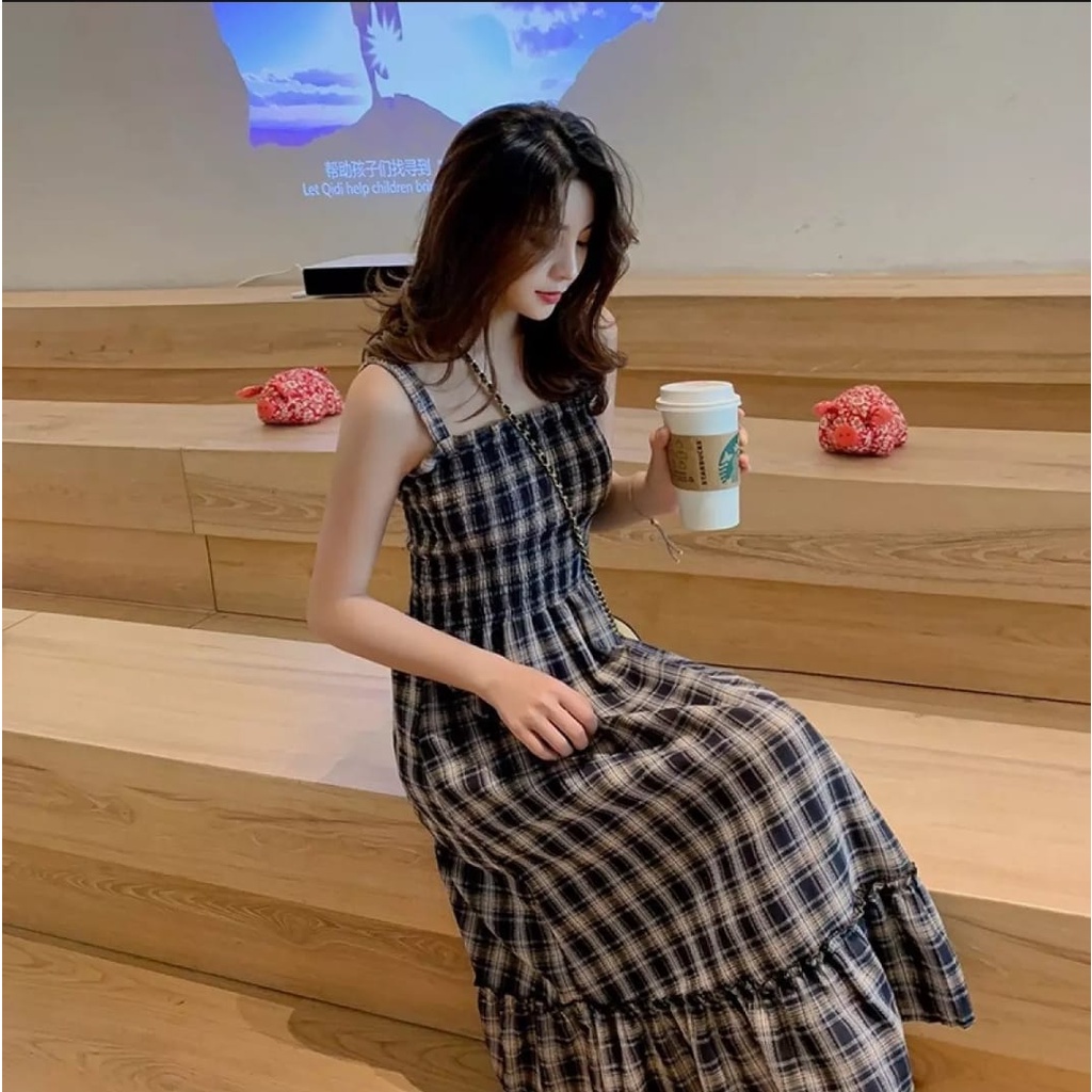 BEFAST - ZEC OOTD Wanita Dress HANJIEN / Happy Dress / Dress Model Korean / Dress Motif Kotak-Kotak / Dress Unik Wanita / Dress Pesta / Dress OOTD Ala Wanita Korean