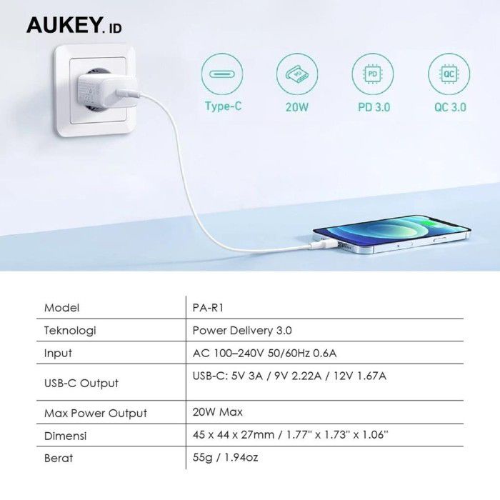 Aukey Charger Adapter Minima Nano Type C 20W PD 500920 / 500883 - PA-R1