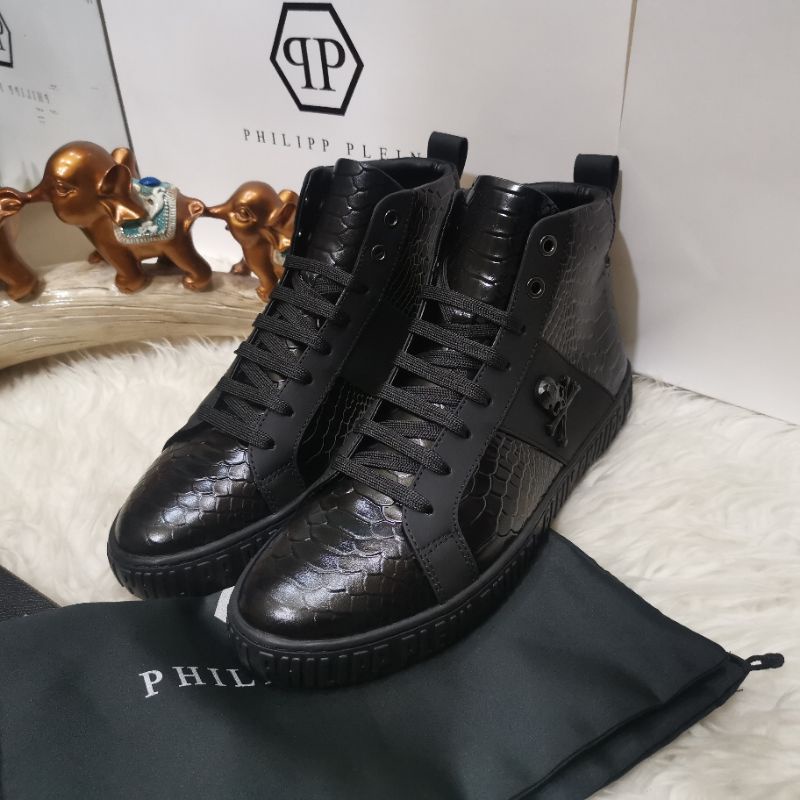 sepatu boots philipp plein cowok sneaker pria high top branded mirror men shoes hitam vip P1SHOES