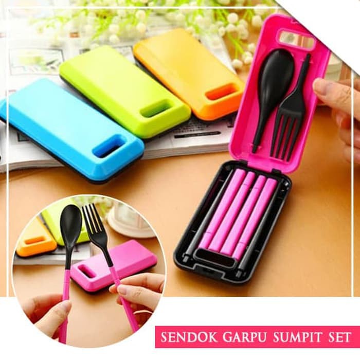 Sendok Garpu Sumpit Portable Lipat Travel / Wisata Warna Warni (FN20)