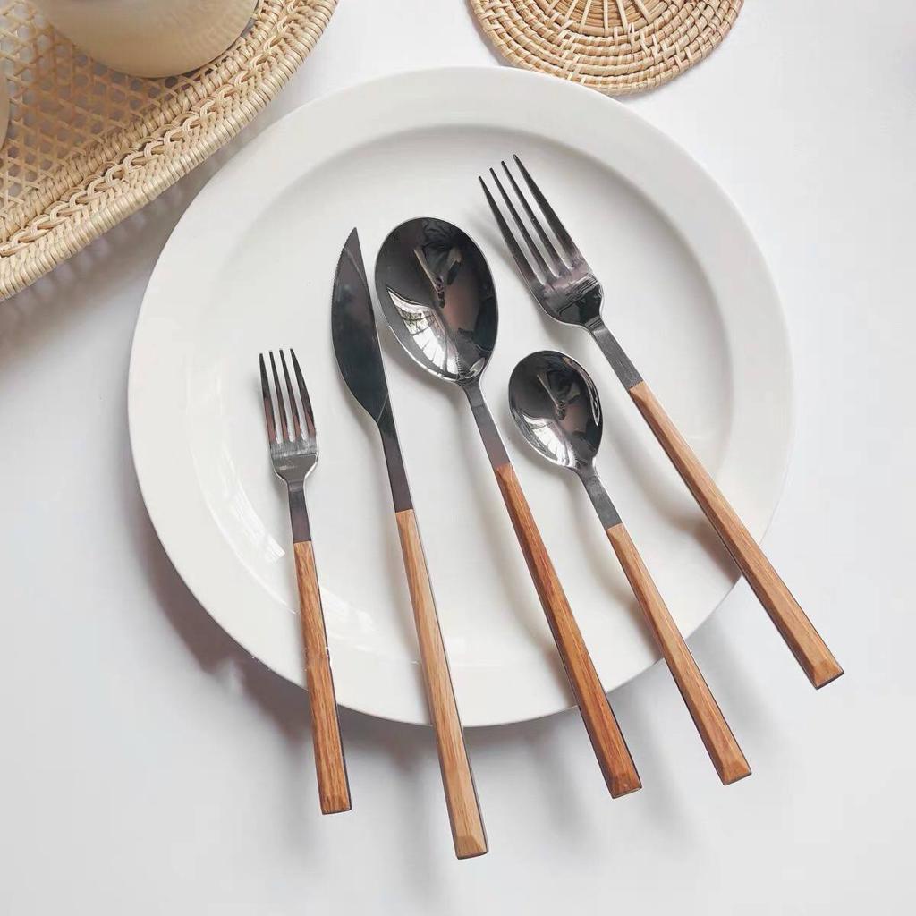 paket lengkap sendok garpu stainless korea wood grain handle kayu / cutlery set spoon fork knife steak tea spoon tea fork / sendok garpu sendok teh pisau steak garpu kecil gagang kayu