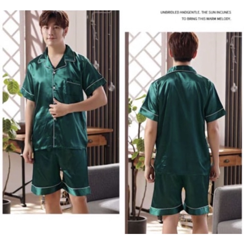 BAJU TIDUR PRIA DEWASA SATIN SILK IMPORT PREMIUM SETELAN CELANA PENDEK MOTIF KANCING POLOS GREEN SIZE L-XL