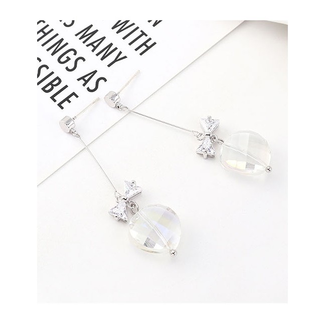 LRC Anting Tusuk Fashion Platinum Glass Bead Tassel With Diamond Bow Earrings Y63134